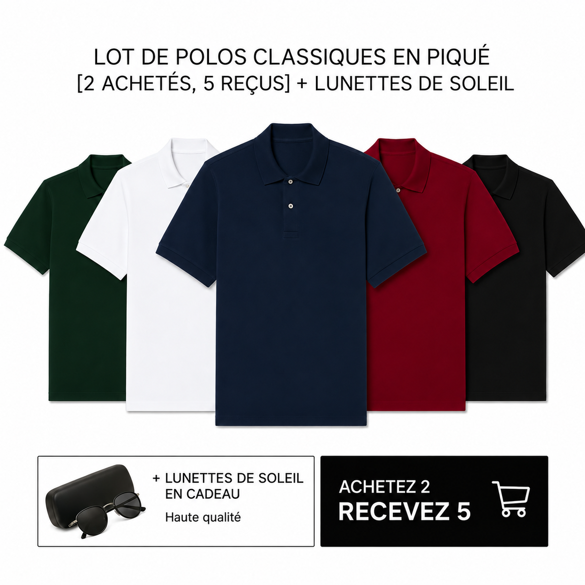 LOT DE POLOS LC CLASSIQUES EN PIQUÉ [2 ACHETÉS, 5 REÇUS] + LUNETTES DE SOLEIL